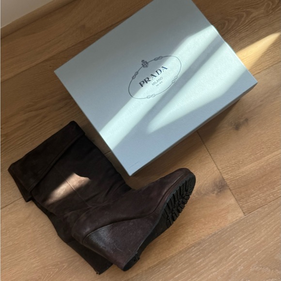 Prada Fold Over Cuffs Leather Wedge Bootie in Chocolate Brown - Picture 2 of 10